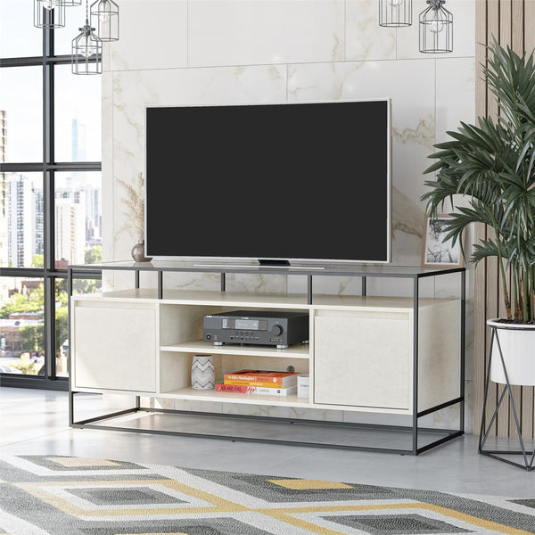English Elm Camley Industrial Media Console with Fluted Glass Panels and Open Component Shelving B2733P444609