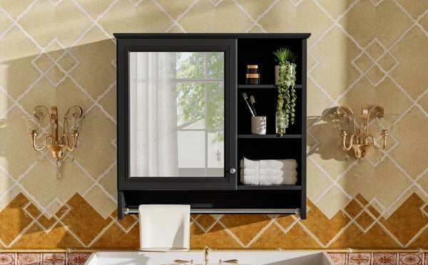 English Elm 30 Inch Wall Mount Mirror Cabinet Mdf Storage with Soft Close Hinges Bathroom Vanity Black N710P186086B