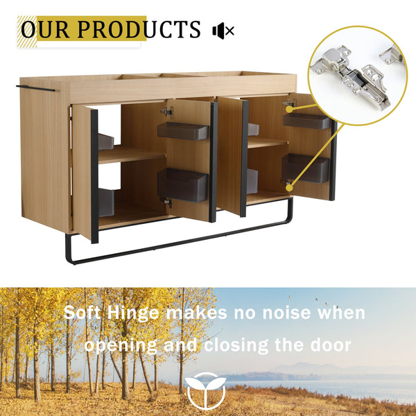 English Elm 60" Modern Freestanding Bathroom Vanity with 4 Soft-Close Doors, 3 Open Shelves, Towel Hanger, 8 Boxes W999P376886