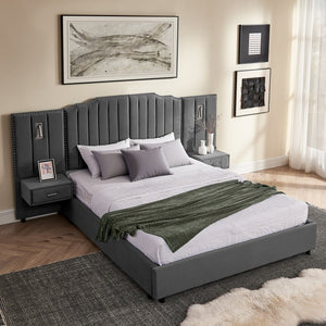 English Elm Queen Velvet Platform Bed with Tufted Headboard Integrated Nightstands and Striped Design Gray W487S00443