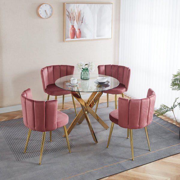 English Elm 1+4,5Pieces Mid-Century Dining Set With Glass Table Top & Velvet Chairs For Stylish Gatherings W234S00094