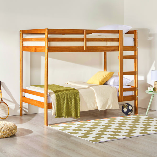 Simple Solid Wood Twin Over Twin Bunk Bed Caramel SOPB3HCAWS Walker Edison