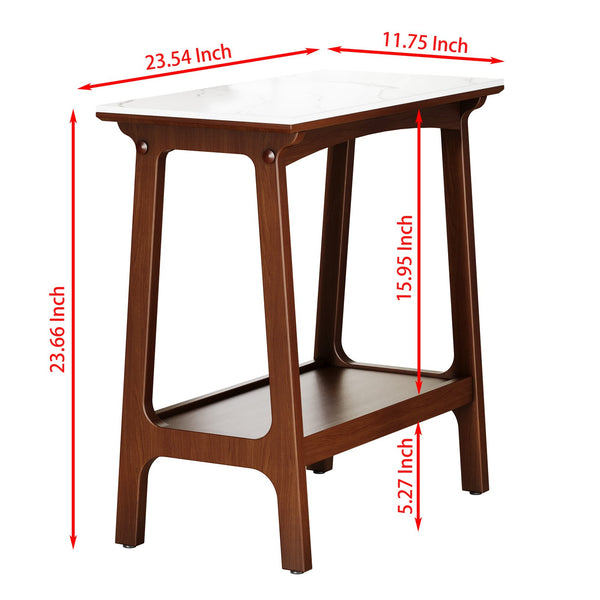 English Elm Retro Reddish Brown Narrow Slate Side Table with Shelf, Slim Walnut Nightstand for Small Spaces W1801P172848