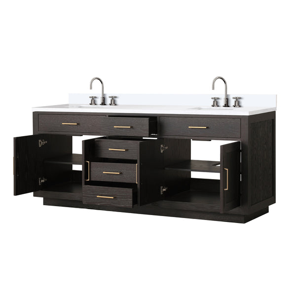 English Elm Brown Oak Double Bath Vanity 80" W x 22" D with White Quartz Top, Soft-Close Drawers & Chrome Faucets B2731P257818