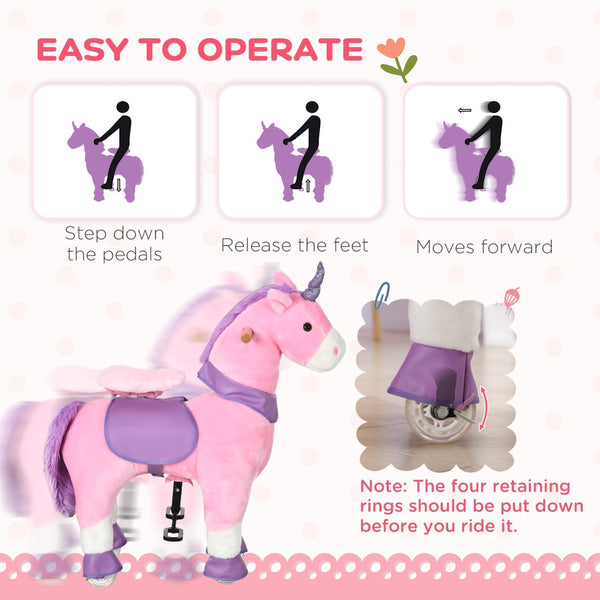 English Elm Qaba Plush Unicorn Ride on Toy with Pedal Wheels Steel Frame for Kids Ages 3 to 6 W2225P229645