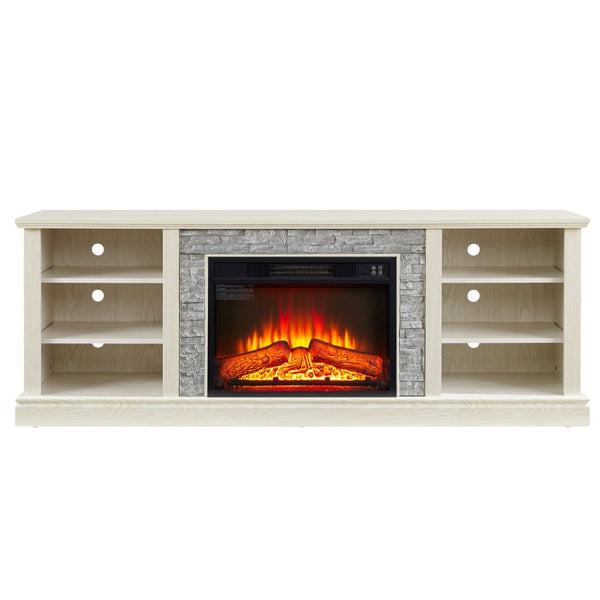 English Elm Large White Fireplace Tv Stand with Faux Stone Surround and Adjustable Media Storage W2275S00035
