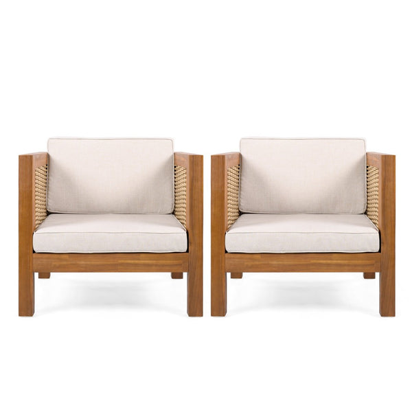 English Elm Acacia Wood Outdoor Lounge Chair with Wicker Arms Teak Finish Patio Seating N779P359686B-2