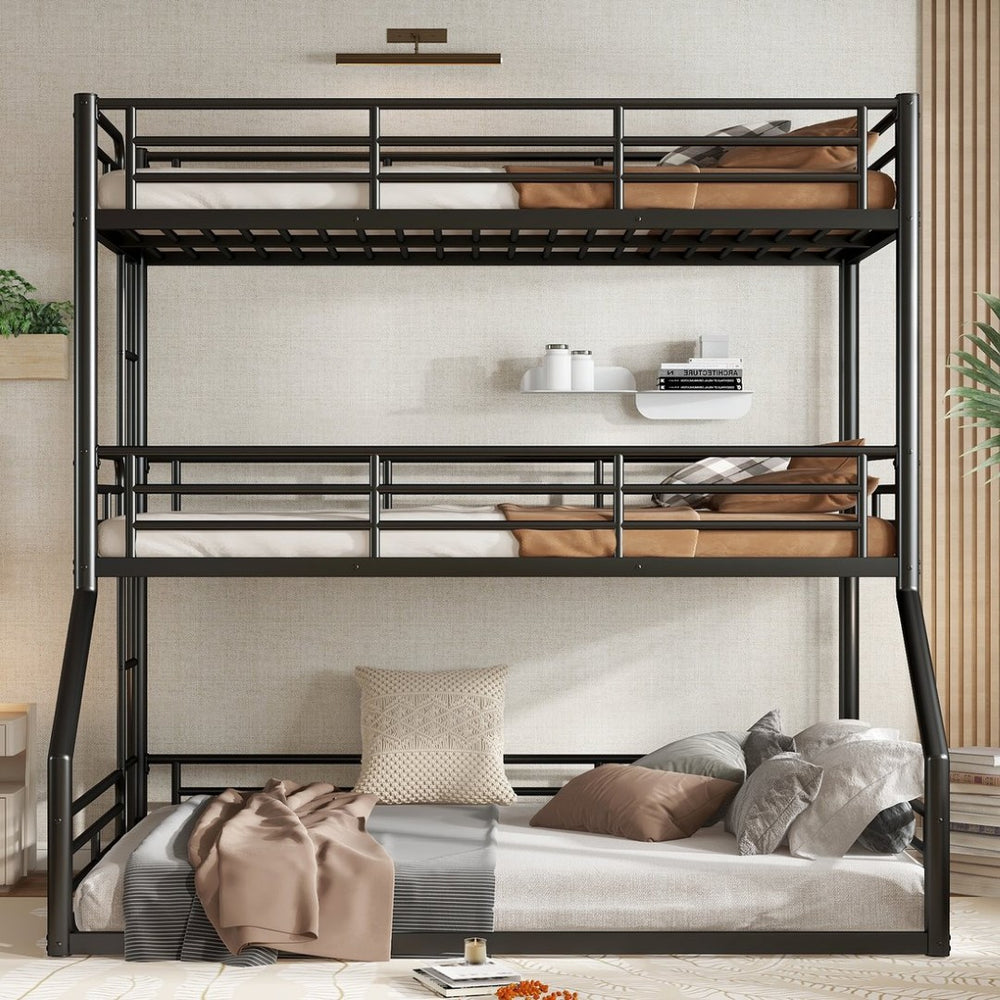 English Elm Twin Triple Metal Bunk Bed Matte Powder Coated Frame with Full Safety Guardrails Black W1580S00584