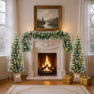 English Elm Christopher Knight Home® - Artificial Christmas 3-Piece Set Wreath with 2 Pre-Lit 4ft Entrance Trees, Gold Pots & Easy Setup N769P351702G
