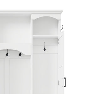 English Elm On-trend Farmhouse Hall Tree with Dual Cabinets Seven Hooks and Arched Entryway Storage White N721S000078K