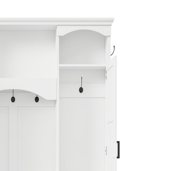 English Elm On-trend Farmhouse Hall Tree with Dual Cabinets Seven Hooks and Arched Entryway Storage White N721S000078K