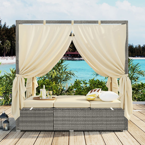 English Elm U_style Outdoor Rattan Steel Chaise Lounge with Shade Canopy and Reclining Cushioned Sunbed Beige WY000471AAA