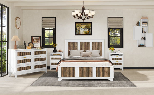 English Elm 4-Pieces Queen Platform Bed Set with Storage Nightstands & Dresser, Wooden Strip Accent, Modern Farmhouse Elegance White 52.17 L x 18.5 W x 11.81 H HL000191AAK