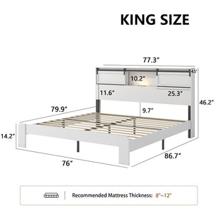 English Elm King metal bed frame with storage headboard, 2 USB ports, no box spring, quiet, easy assembly W636P363530