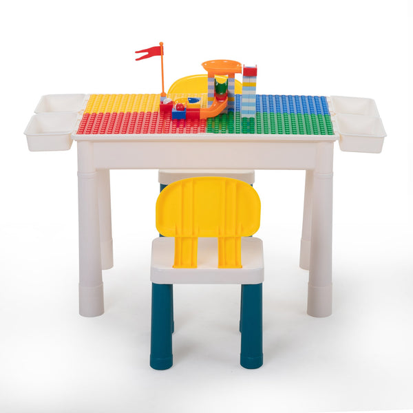 English Elm All-in-One Kids Activity Table set with 2 chairs, 100 DIY blocks, slides, storage & cushions for toddlers W2181P362367