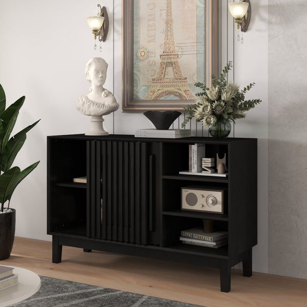English Elm 47.3" Fluted Farmhouse Sideboard with Solid Wood Feet and Open Shelving for Dining Rooms W1801P428581