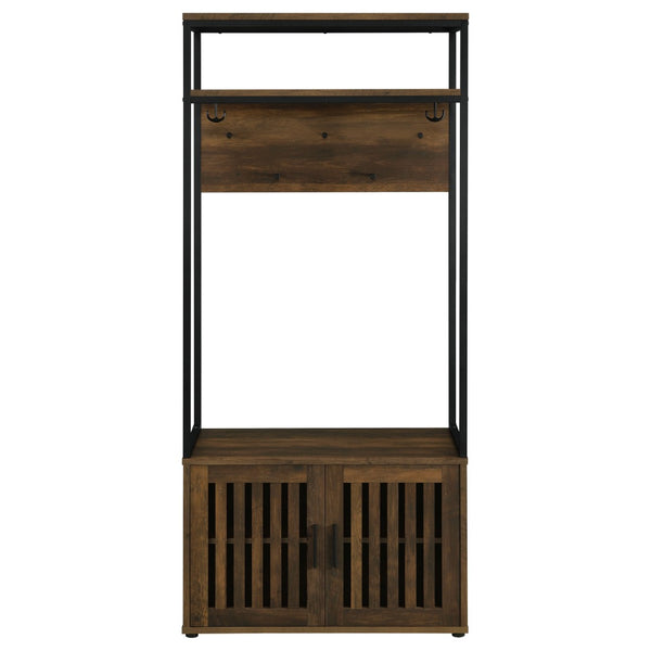 English Elm Flora Transitional Hall Tree with Seven Hooks Cabinet Shelves and Dark Pine Metal Frame B062P452017