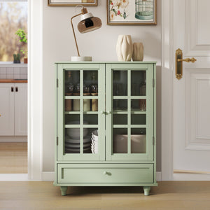 English Elm Minimalism Mint Green Buffet Cabinet with Tempered Glass Doors, Solid Wood Legs, Adjustable Shelves & Drawer (Classic Vintage) W2557P262926