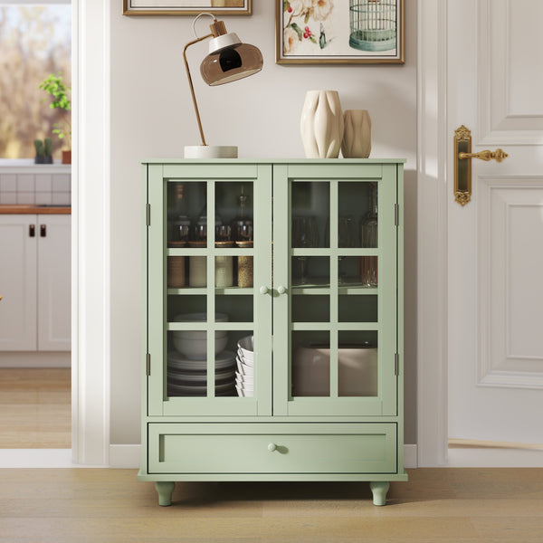 English Elm Minimalism Mint Green Buffet Cabinet with Tempered Glass Doors, Solid Wood Legs, Adjustable Shelves & Drawer (Classic Vintage) W2557P262926
