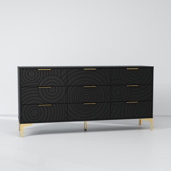 English Elm Modern Nine Drawer Wooden Dresser Wide Storage Chest for Bedroom or Entryway Black B2770P494672