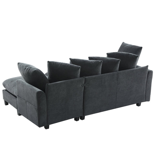 English Elm 83" Sectional Sofa with Hidden Storage, Movable Ottoman Bed, Ergonomic Curved Arms & Six Pillows Black N719S001960B