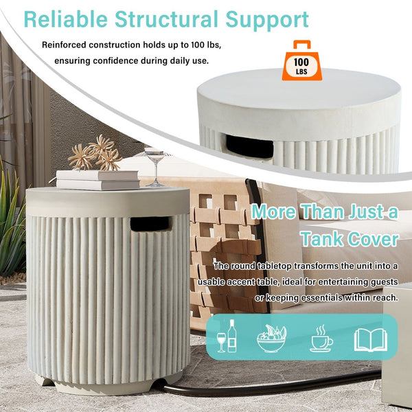 English Elm U_style Mgo Round Propane Fire Pit Table Outdoor Patio 50000 Btu Adjustable Flame Beige,White WY000522AAD
