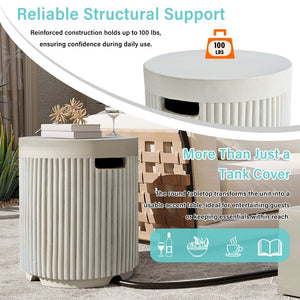 English Elm U_style Outdoor Mgo Propane Tank Cover Round Patio Side Table Fluted Stone Finish Beige N711P410569K