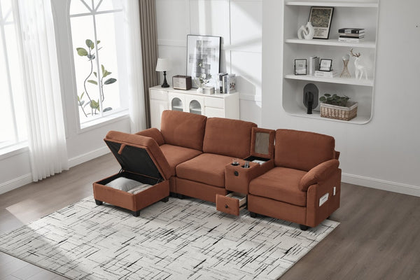 English Elm United Corduroy L-Shaped 4-Seater Sofa With Usb, Cup Holders & Storage Ottoman - Perfect For Apartments! W1568S00225-GIGA