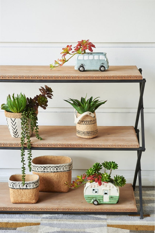 English Elm Set Of 2 Rectangular Basket Planters With Geometric Trim - Rustic Style For Indoor & Outdoor Decor W2078P322886-GIGA