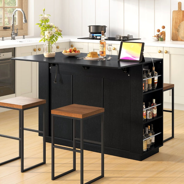 English Elm U_style Compact Kitchen Island with Drop Leaf Power Outlet Wine Rack Stemware Storage Black N711P437715B