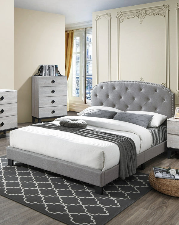 English Elm Light Gray Burlap Upholstered Twin Bed with Button Tufted Headboard and Nailhead Trim Light Gray B011P415181