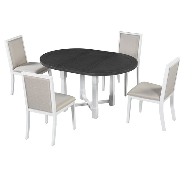 English Elm Trexm Farmhouse Round Extendable Dining Set Birch Veneer Table Upholstered Chairs ST000139AAE