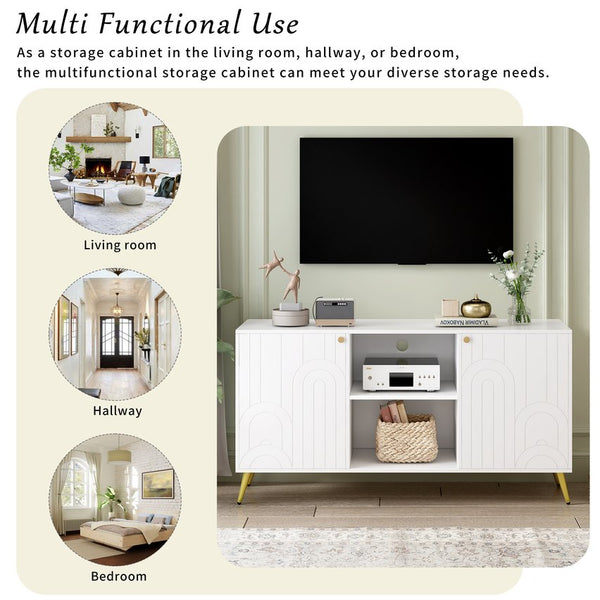 English Elm VIBE Modern TV Stand for TVs up to 55" — Luxe MDF Console with Gold Metal Legs, Adjustable Shelf, Anti-Tip Device White N724P198518K