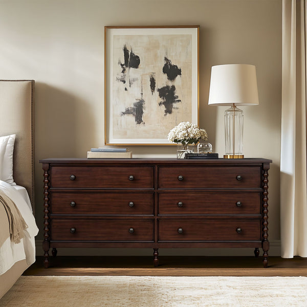 JLA Home Madison Park Signature - Large 70" Dresser with Six Smooth-Glide Drawers, Velvet-Lined Top, Classic Spindle Legs & Timeless Style MPS137-0318