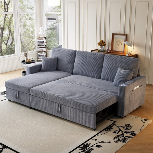 English Elm Sectional Sleeper Sofa Corduroy Cloud Couch with Storage Chaise and Usb Charging Ports Gray W1825S00075