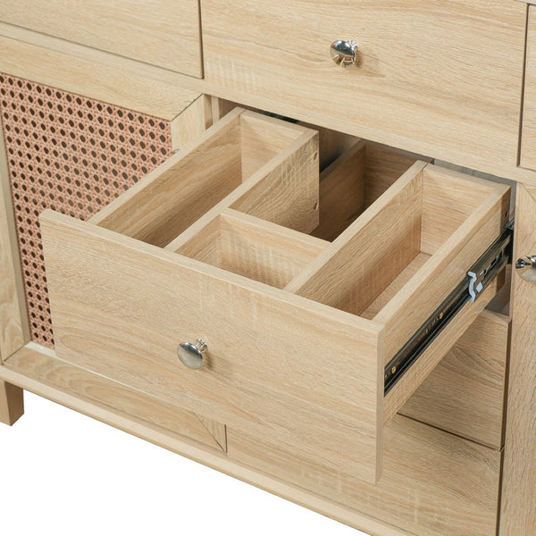English Elm 48-inch Rattan Bathroom Vanity Solid Wood Frame Five Drawers Ceramic Sink Coastal Boho N765P38884950E