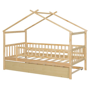 English Elm Twin House Bed with Trundle Solid Pine Frame Walnut Kids Bedroom Sleepover N708P357115N