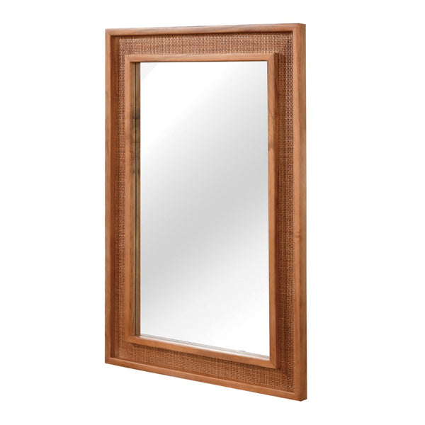 English Elm Natural Rattan Wrapped Solid Wood Frame Rectangle Mirror for Farmhouse Entryway Bath Yellowish-Brown W2203P436625