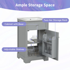 English Elm 20" Bathroom Vanity with Ceramic Sink, MDF Construction, Soft-Closing Door, Storage Rack & Shelf Grey N725P218017E