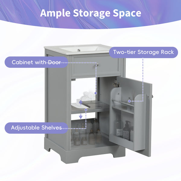 English Elm 20" Modern Bathroom Vanity With Ceramic Sink, Soft-Close Door, Adjustable Shelf, Grey Finish N725P351848E