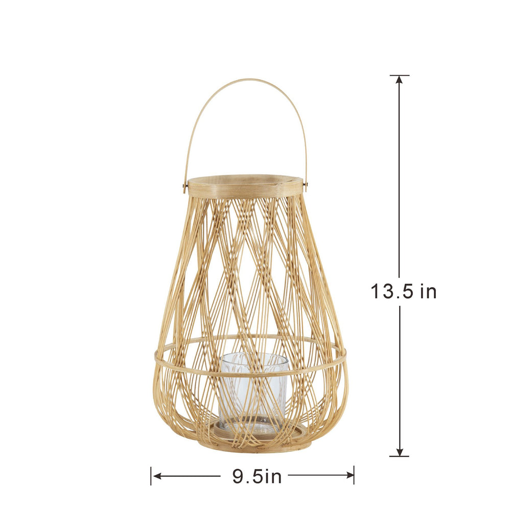 English Elm D9.5x13.5" Sienna Bamboo Lantern with Rope Handle — Coastal Boho Glass Hurricane Candle Accent, Portable Illuminate W2078P370173