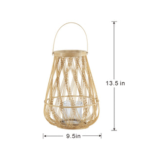 English Elm D9.5x13.5" Sienna Bamboo Lantern with Rope Handle — Coastal Boho Glass Hurricane Candle Accent, Portable Illuminate W2078P370173