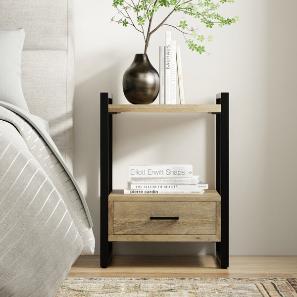 English Elm Riverside Handcrafted Mango Wood Bedside Table with Black Metal Frame, Drawer & Open Storage — Natural Finish B136P203433