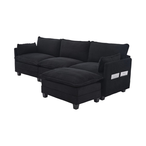 English Elm United We Win Modular Corduroy Sectional with Ottoman Low Profile Living Room Couch Black W1568S00260