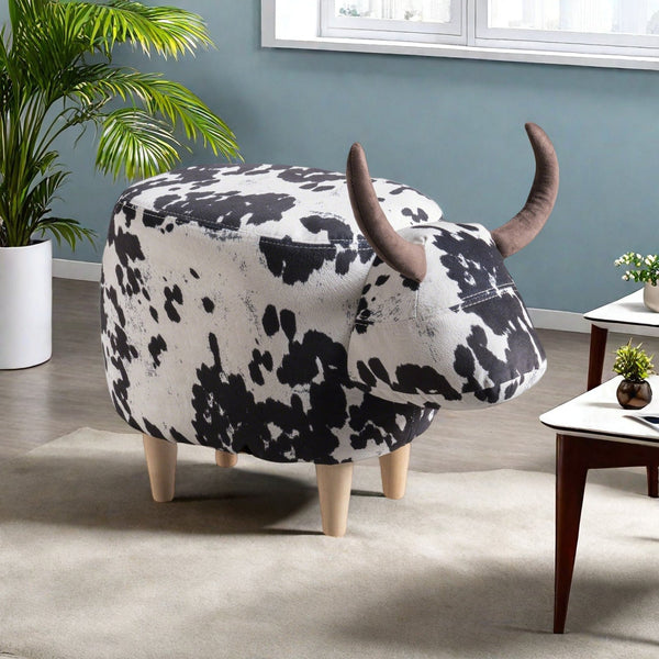 English Elm Christopher Knight Home® - Animal Cow Ottoman with Velvet Horns and Birch Legs — Whimsical Fabric Footstool for Cozy Décor White+Black 61391.00BWC