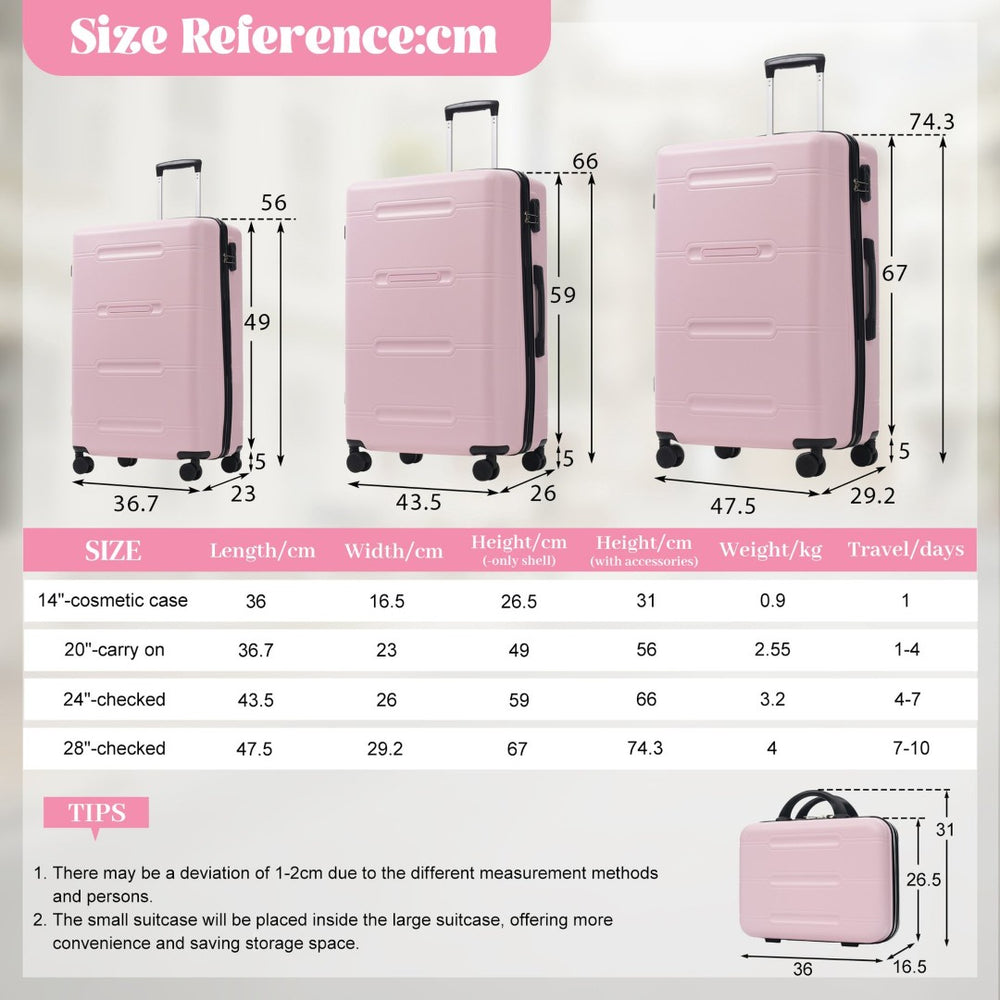 English Elm 6 Piece Hardshell Abs Travel Set with Spinner Wheels Combination Lock and Toiletry Bag Pink N732P391465H