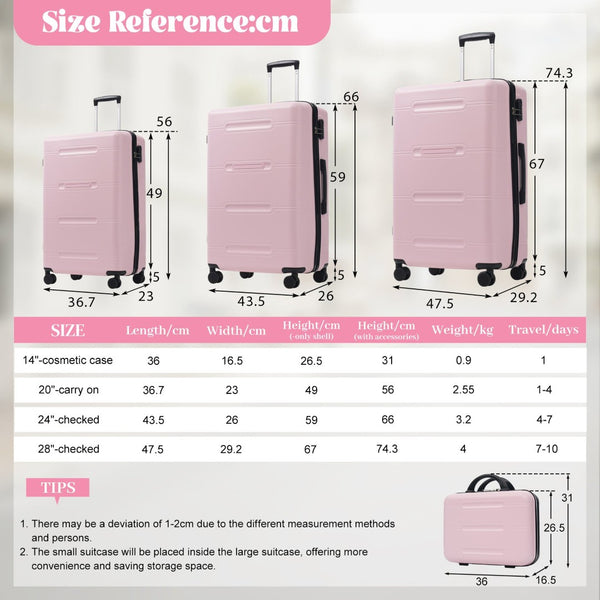 English Elm 6 Piece Hardshell Abs Travel Set with Spinner Wheels Combination Lock and Toiletry Bag Pink N732P391465H