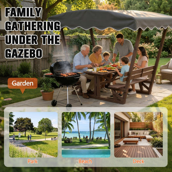 English Elm 5'x3' Wooden Gazebo Patio Shelter with Oxford Canopy Bench Seating and Slatted Table W1422S00075