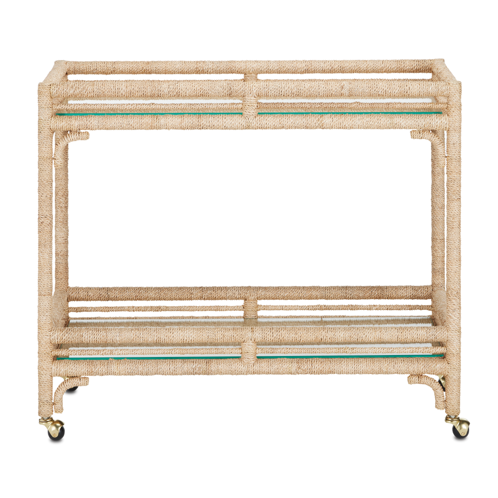Olisa Natural Rope Bar Cart - Elegant Braided Abaca Design with Glass Shelves & Rolling Casters