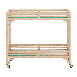 Olisa Natural Rope Bar Cart - Elegant Braided Abaca Design with Glass Shelves & Rolling Casters